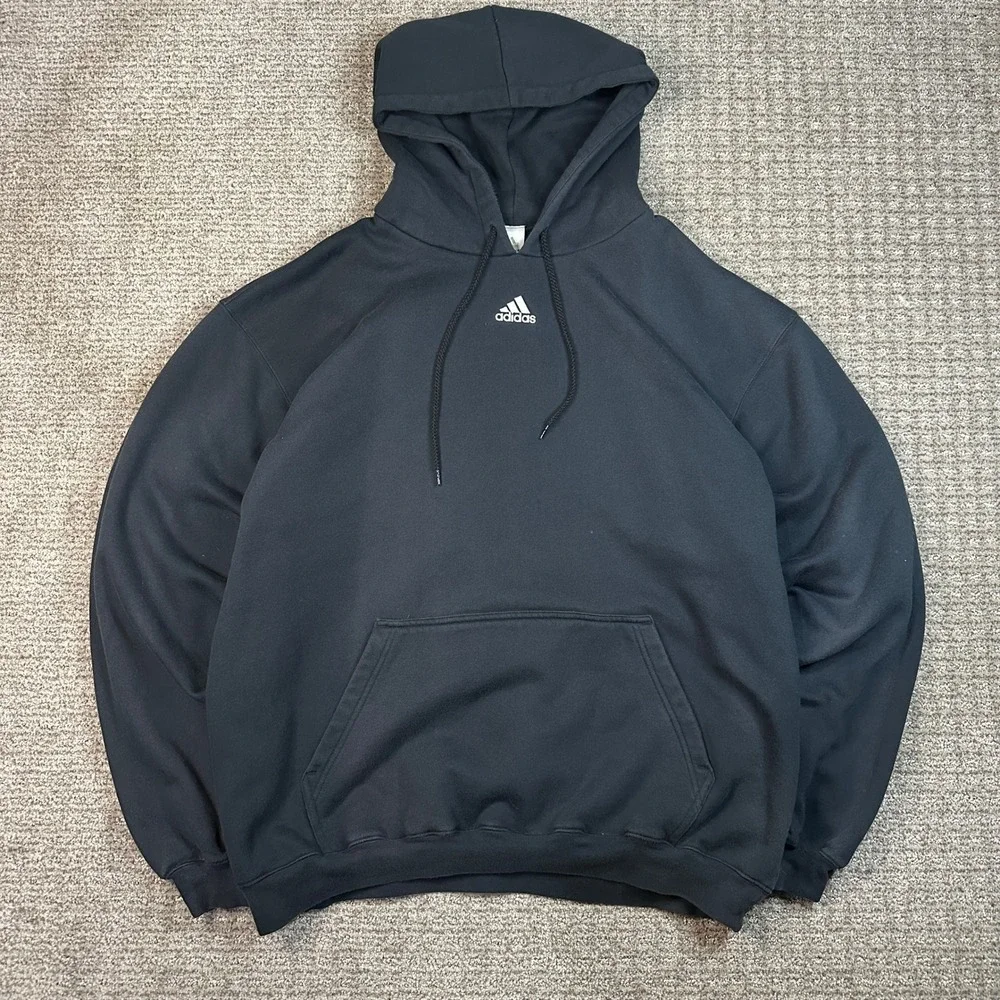 Vintage Adidas Hoodie Mens XL Black Pullover Sweatshirt Center Logo Jumper Y2K